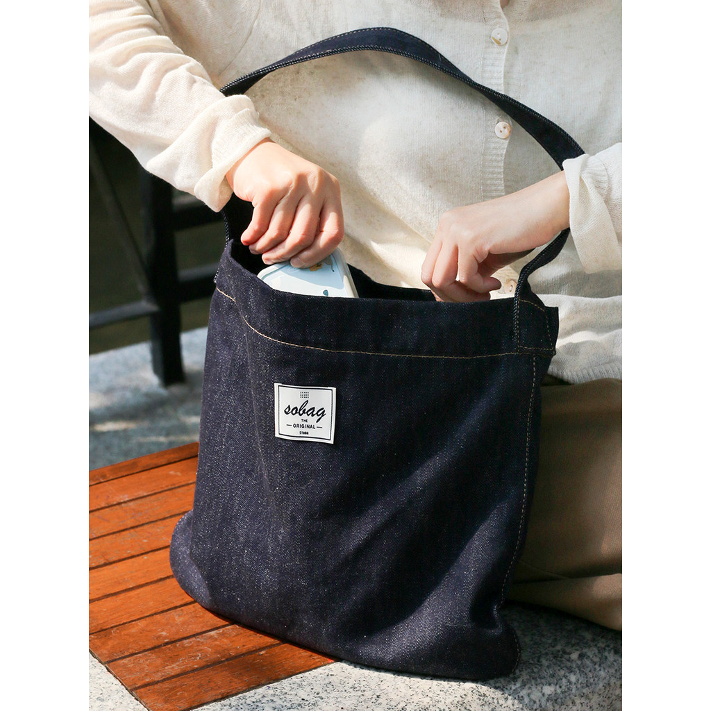 Sobag não-desbotamento Denim japonês preguiçoso azul saco de pano de um ombro feminino nicho Design Retro avó saco