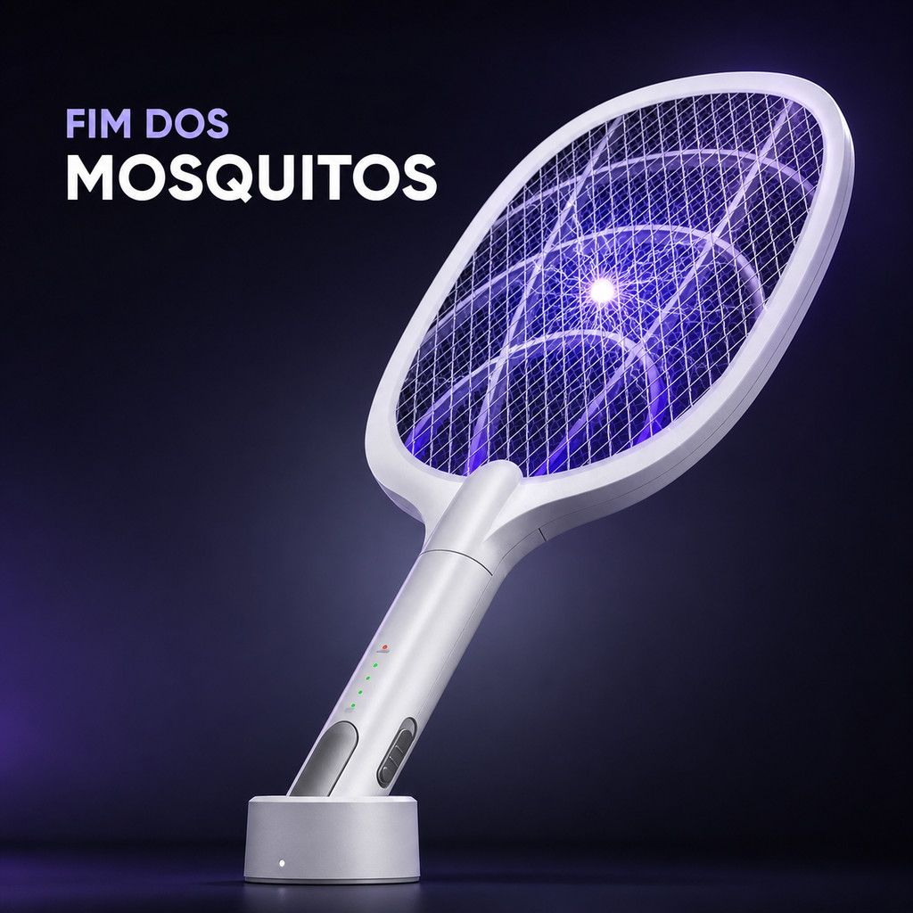 Raquete Elétrica Recarregável Tipo C Mata Mosquitos Insetos UV Com Base Para Mesa Led Ultravioleta