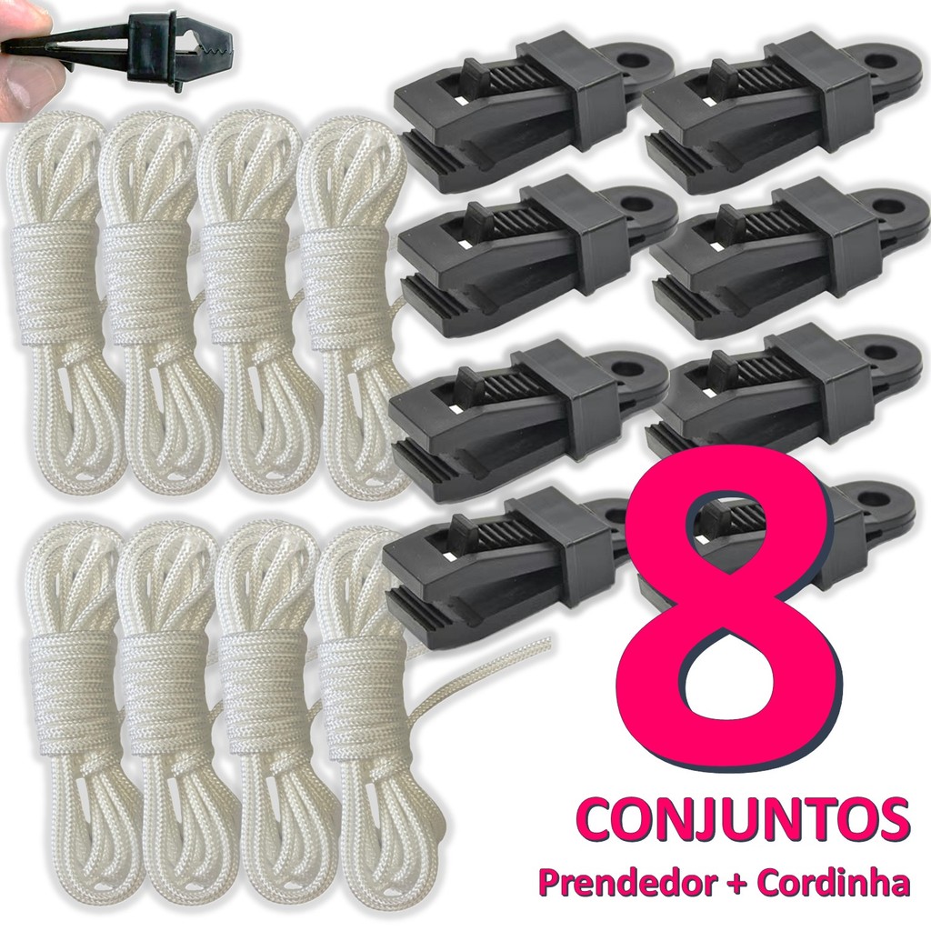 Kit 8 Clipes Prendedor  + 8 Cordinhas Esticador Para Lona Tenda Camping e Toldos Reforçado