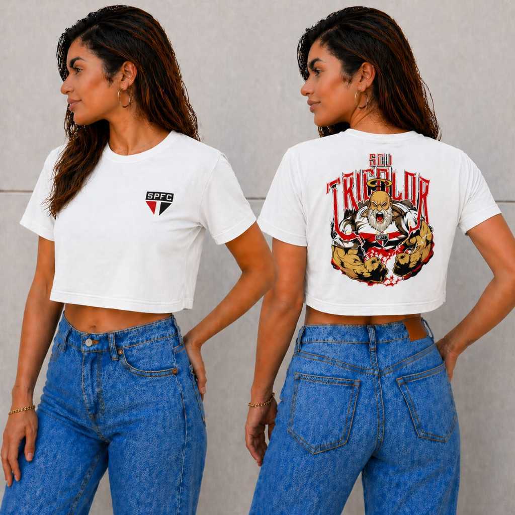 Cropped Feminino 100% Algodão Blusa Unissex Camiseta Cropped Tricolor São Paulo