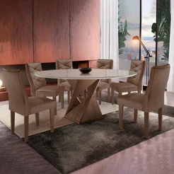 Conjunto Mesa Redonda com Vidro e 6 Cadeiras Tampo 120CMX120CM Barcelona Yescasa