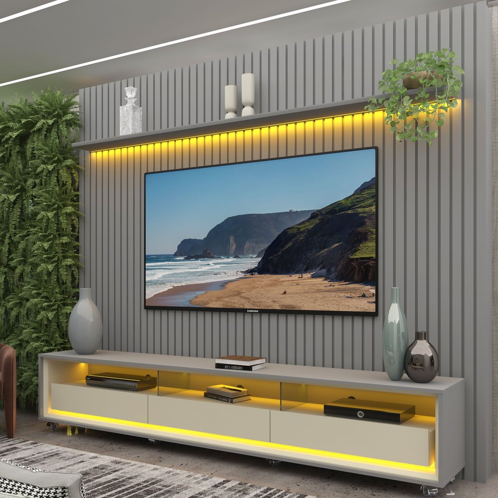 Rack Painel Ripado para TV até 90 Polegadas LED 100% MDF 228,8cmx295cm 3 Gavetas com Rodízios Naturale Cinza/Off White