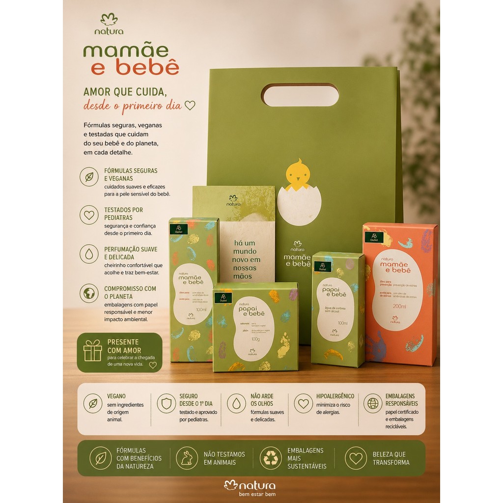 Kit Natura Mamãe Bebe Sabonete e saboneteira 100g + Agua de colônia 100ml + Óleo de gestante 200ml + guia de massagem +