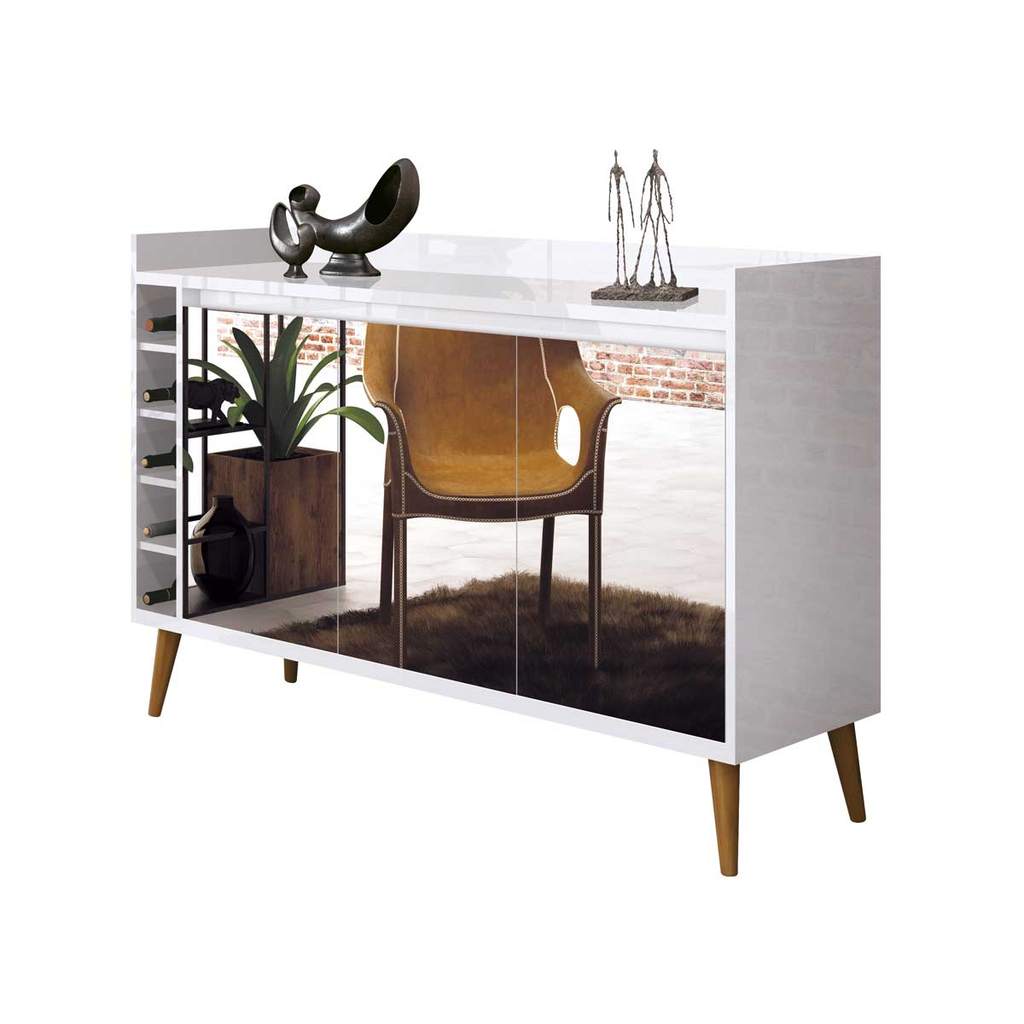 Buffet Aparador Adega Estilo Para Sala de Estar 3 Portas com Espelho Pés Madeira Branco - MoveisAqui