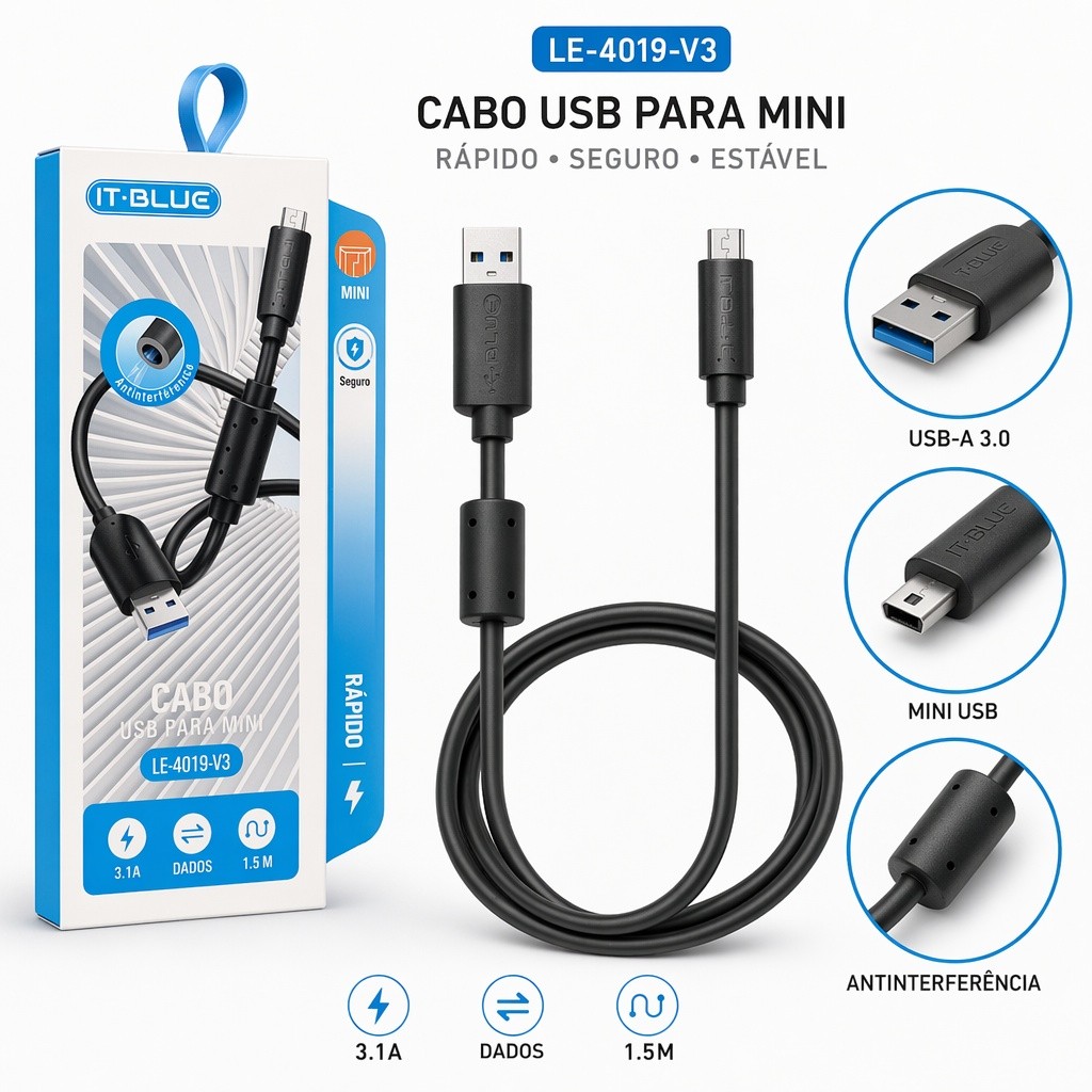 Cabo USB para Mini V3 IT-BLUE 1,5m Carregamento Rápido e Transferência de Dados