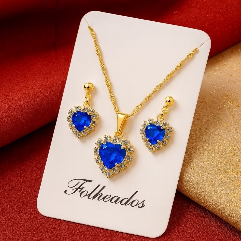 Conjunto Colar e Brinco Coração  Folheado a Ouro Feminino Luxo Presente Elegante Antialérgico