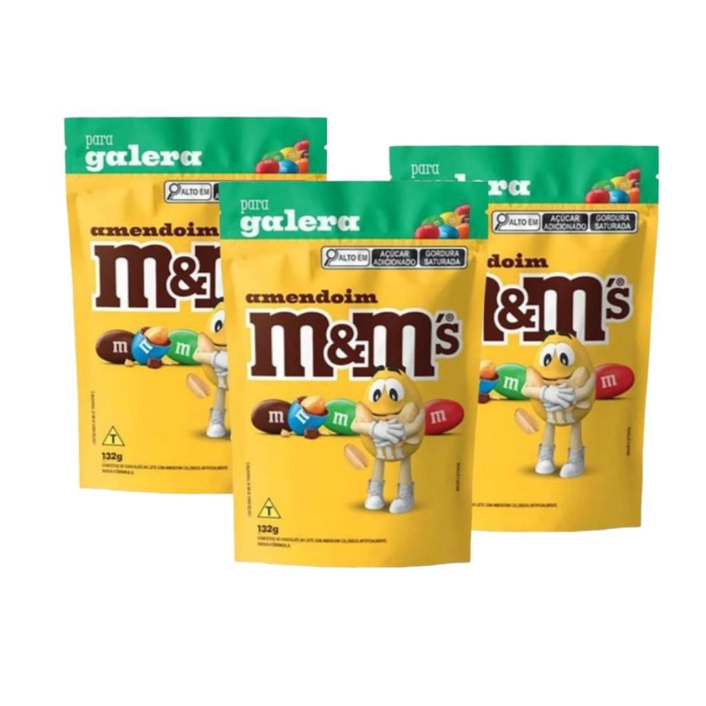Kit 3 Chocolate Confeito M&Ms Pouch 132g Chocolate e Amendoim Mars MMs M&M's