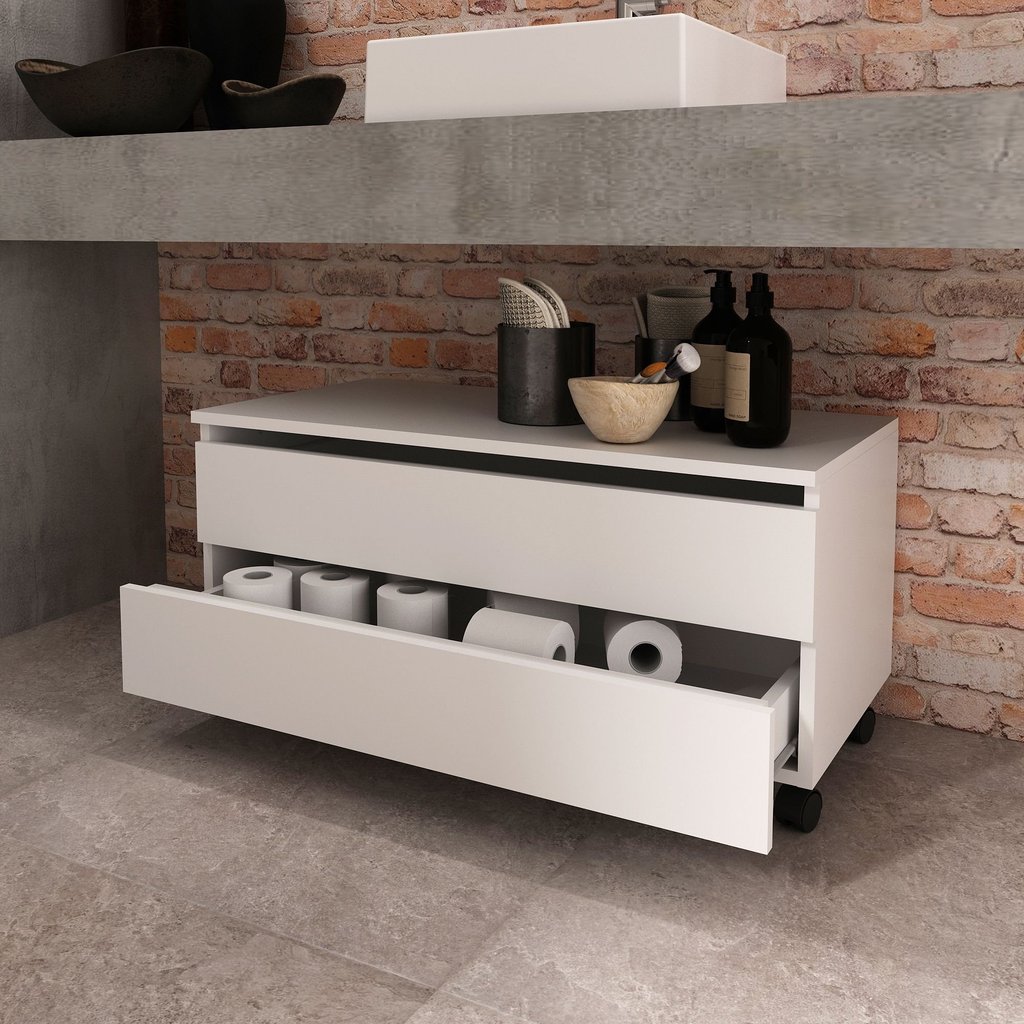 Balcão Gabinete para Banheiro 80cm com Rodízio e 2 Gavetas BN3603 Branco Branco