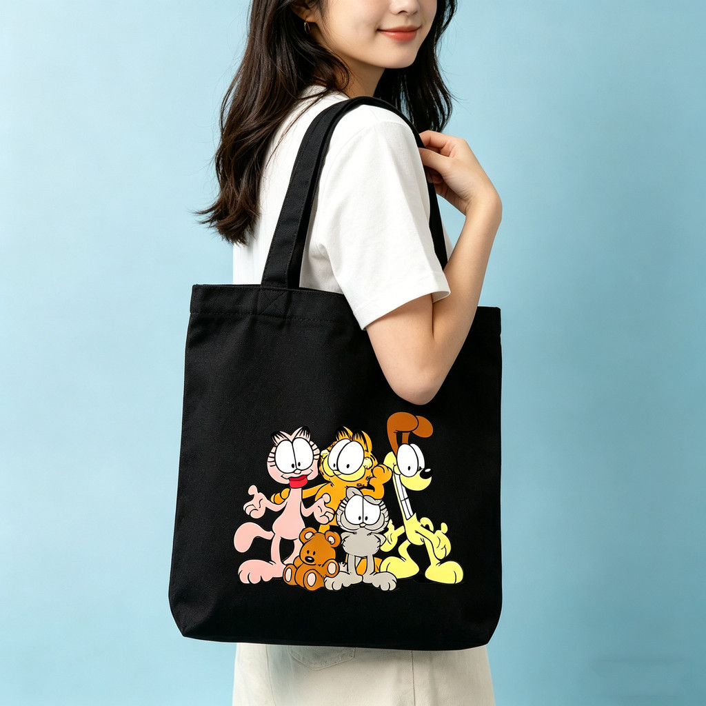 Bolsa de Lona Ecológica com Estampa do Garfield e Personagens, Bolsa de Ombro Leve para Estudantes e Trabalhadores de Es
