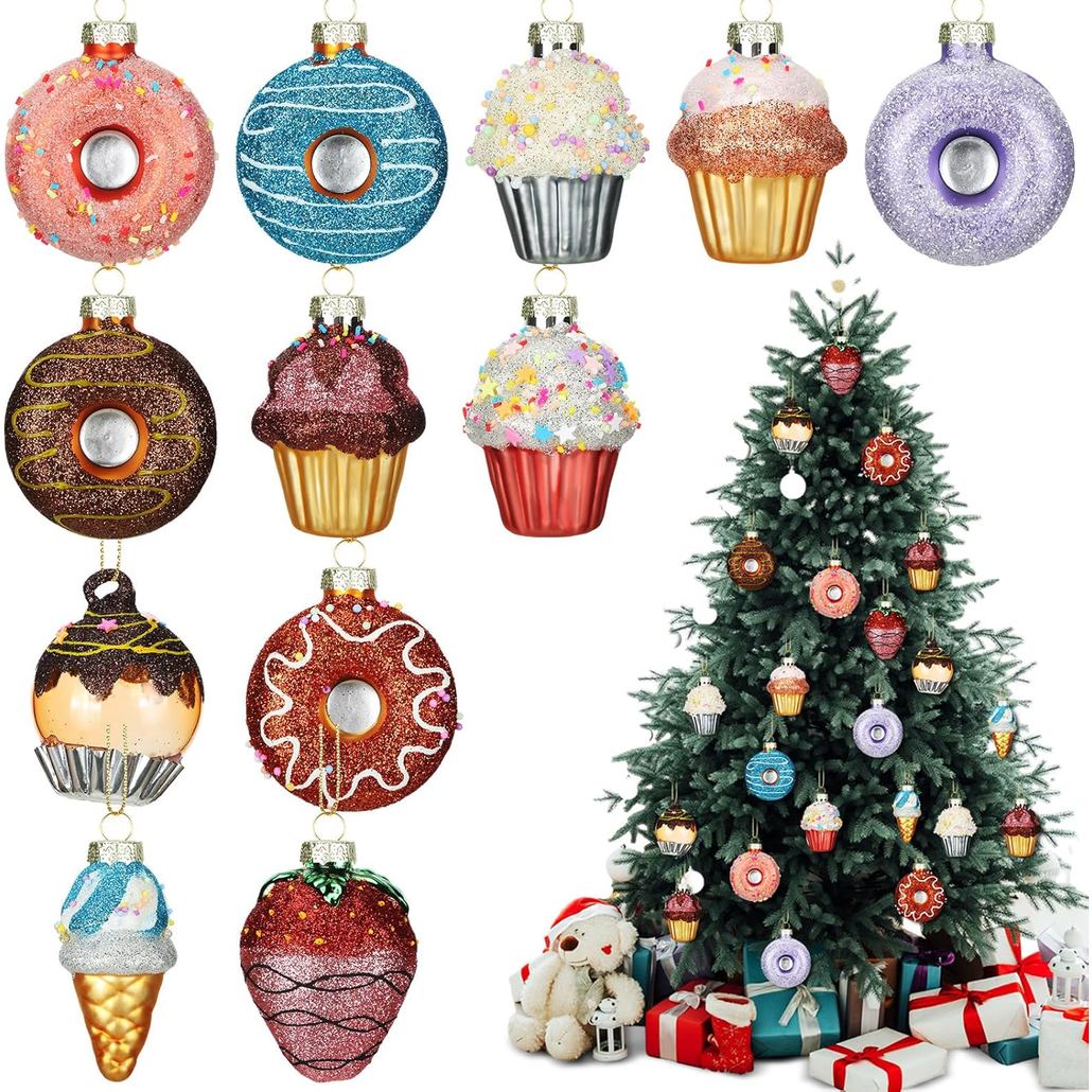 12 Peças de Enfeites de Natal em Forma de Cupcake de Vidro, Enfeites Temáticos de Sobremesas, Pingentes de Natal em Form