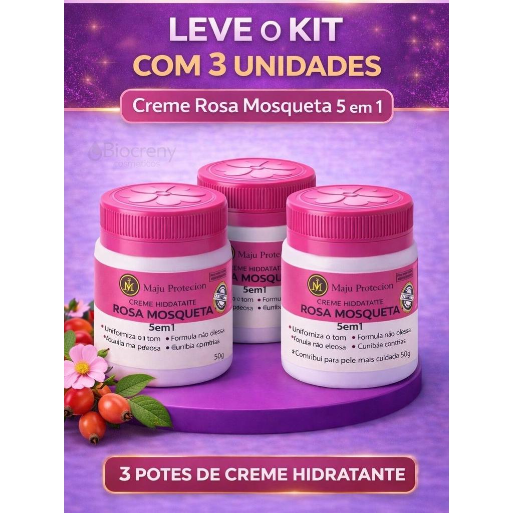 Kit 3 Unidades Creme Rosa Mosqueta 5 em 1 Hidratação e cuidado diário da pele
