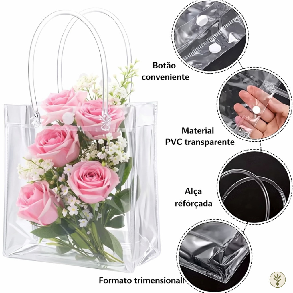 Detalhes do Kit Com 5/10/15 Sacola Transparente PVC com Alça e Botão Tamanho Variação - Ideal para Festas, Brindes e Casamentos.