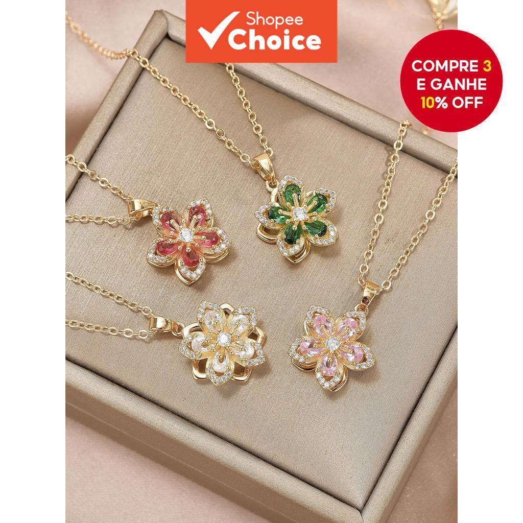 Feminino 1 Peça De Cobre Incrustado Zircônia Cúbica Bauhinia Flor Rotativa Luz Colar De Moda De Luxo