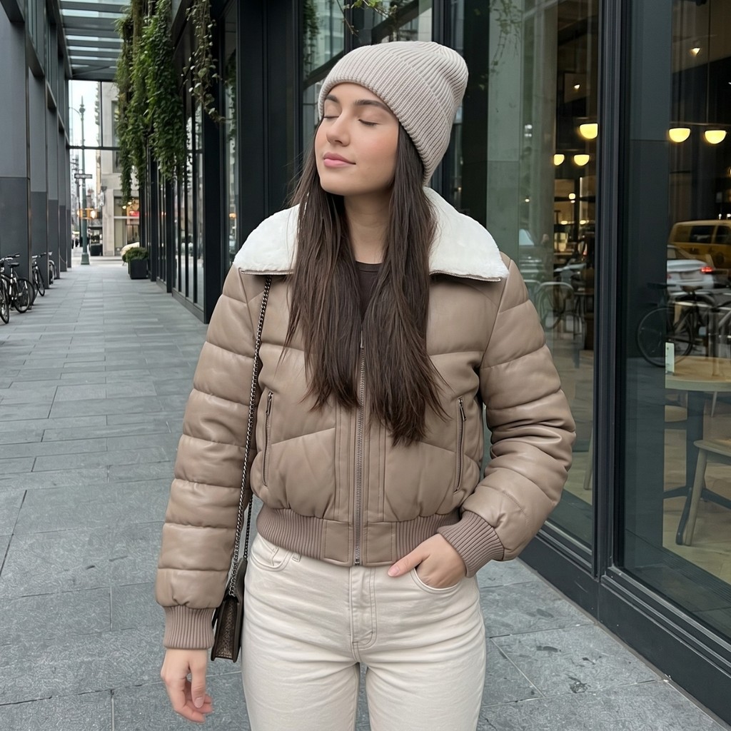 Jaqueta Puffer Couro Feminina Couro Fake Bobojaco Forrada Casaco Inverno Gola Pelinhos