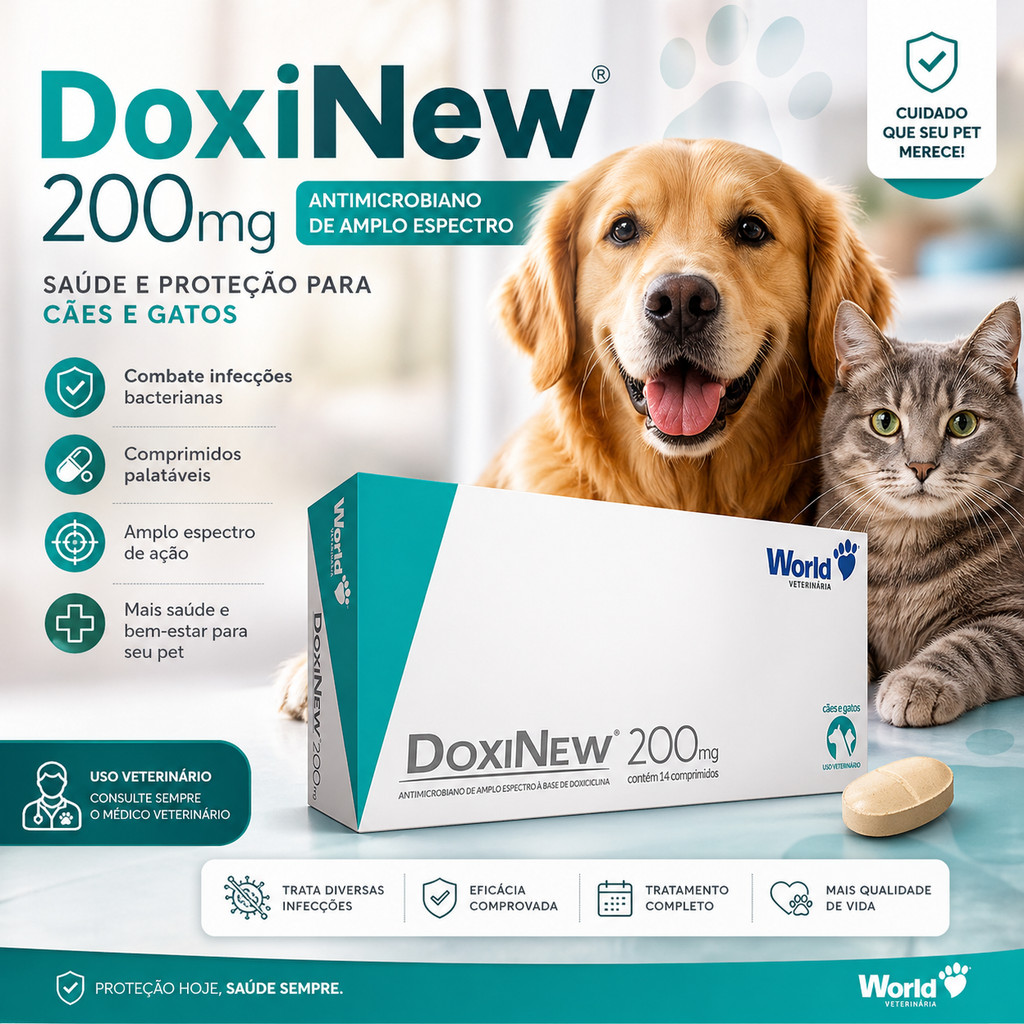 DoxiNew 200mg World Cães Antibiótico Veterinário Eficaz 14 Comprimidos