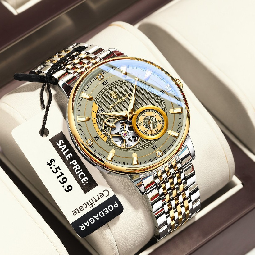Relógio Mecânico Automático de Luxo POEDAGAR Hollow Tourbillon para Homens, à Prova d'Água, Luminoso, em Aço Inoxidável