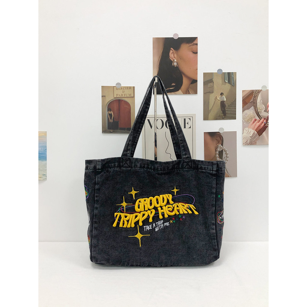 Bolsa Tote bordada da indústria pesada, bolsa jeans retrô de grande capacidade, bolsa de lona japonesa, bolsa feminina d