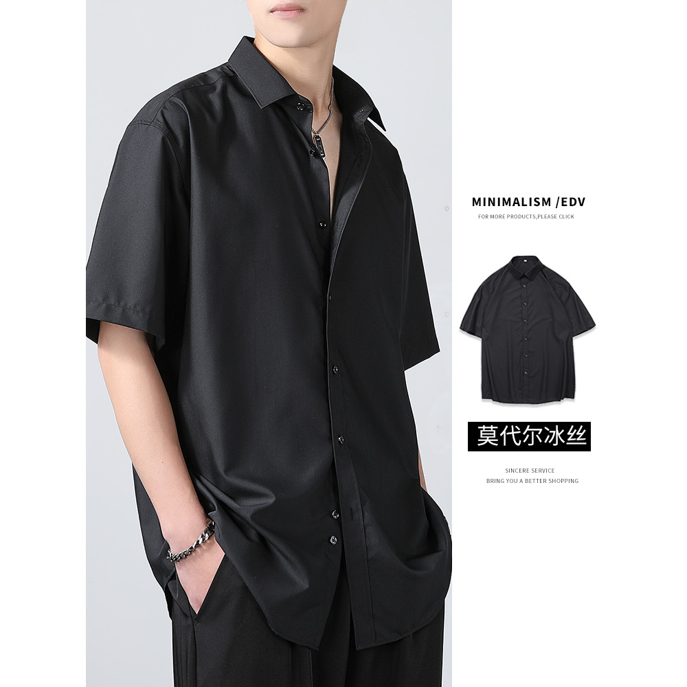 Camisa de verão masculina na moda Modal preto fino gelo seda manga curta solta jaqueta Casual camisa masculina de alta q