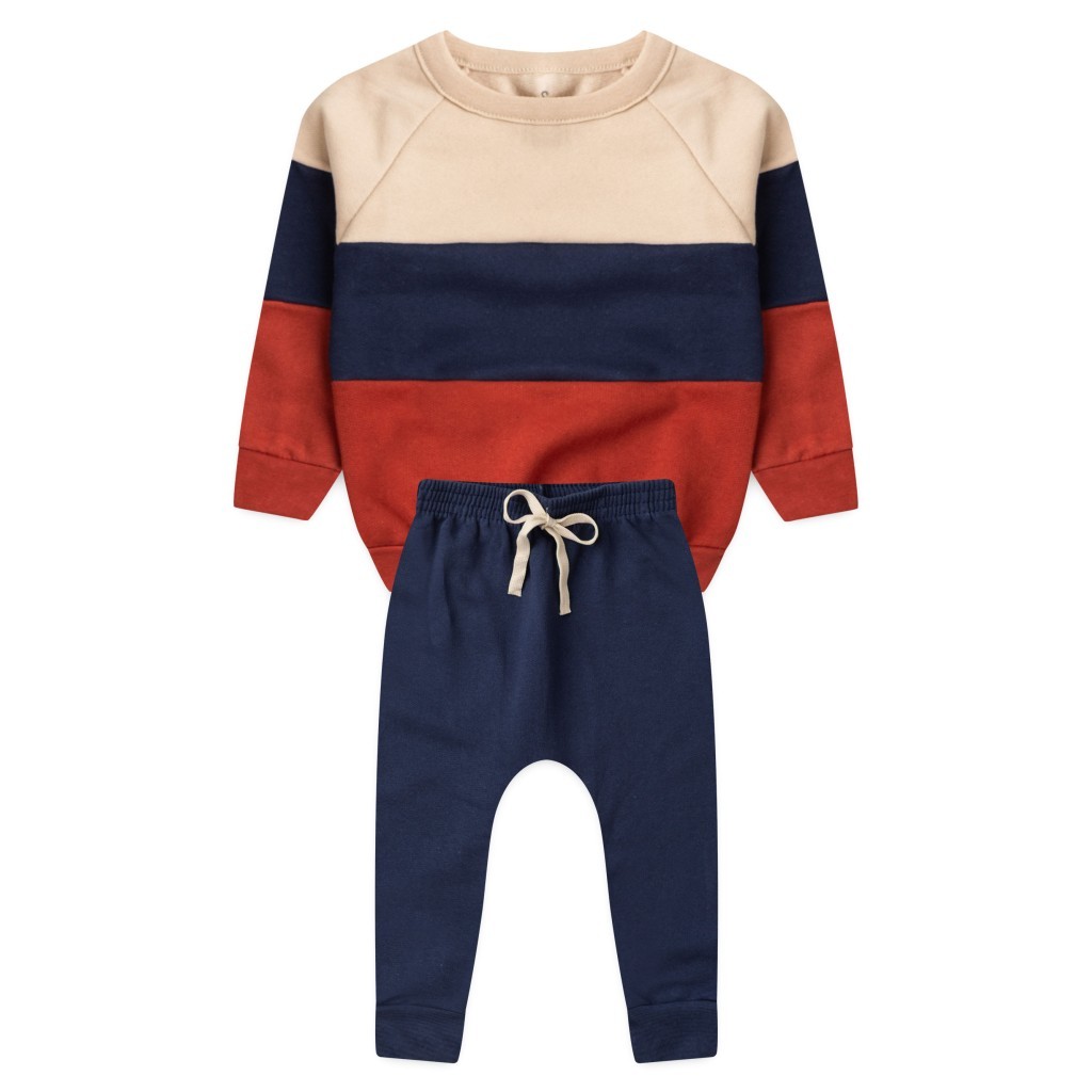 Conjunto Infantil Menino Moletom Peluciado Recortes Azul Ocre
