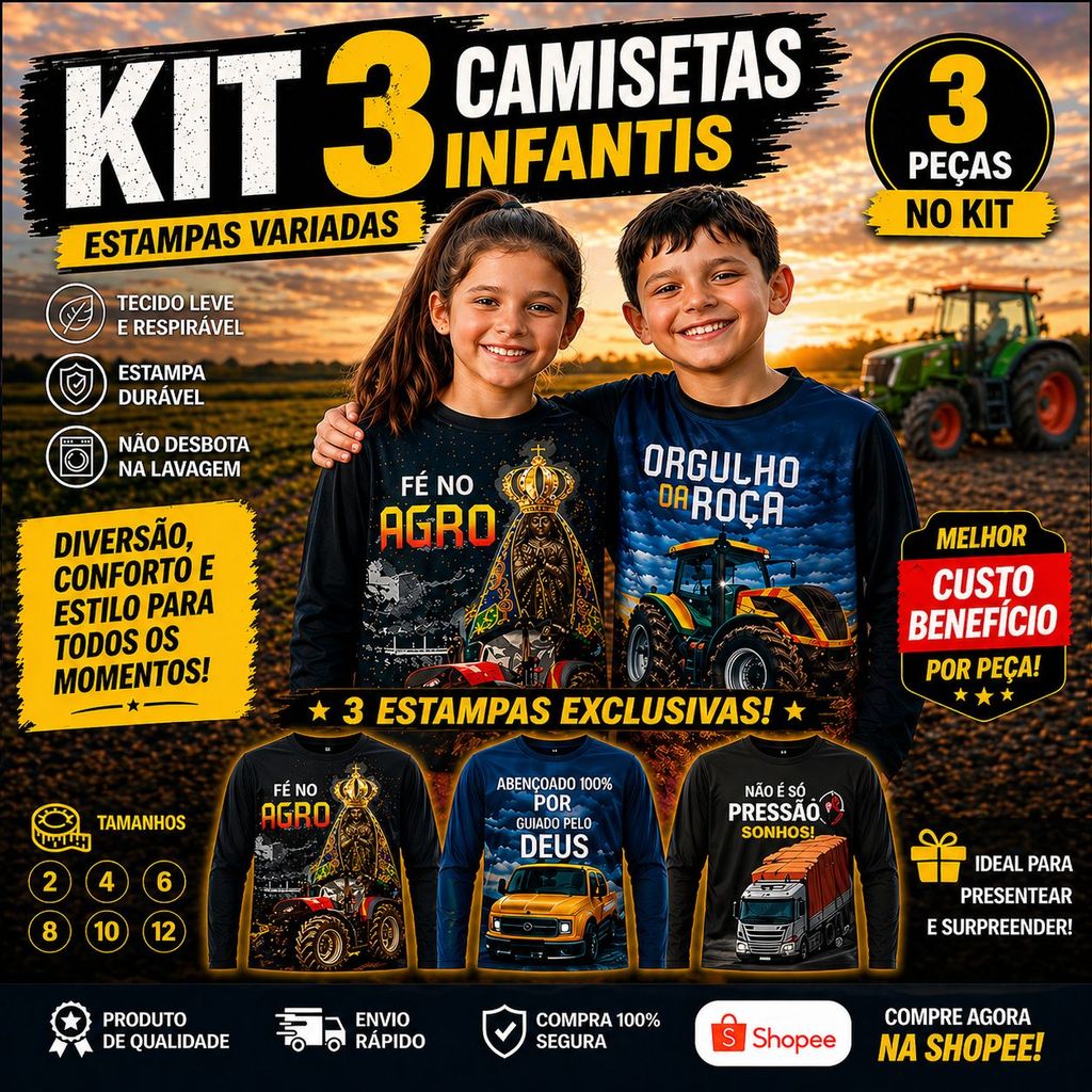 KIT 3 Camisas térmica infantil caminhão pesca comitiva cavalo trator peixe UV+50 proteção solar agro