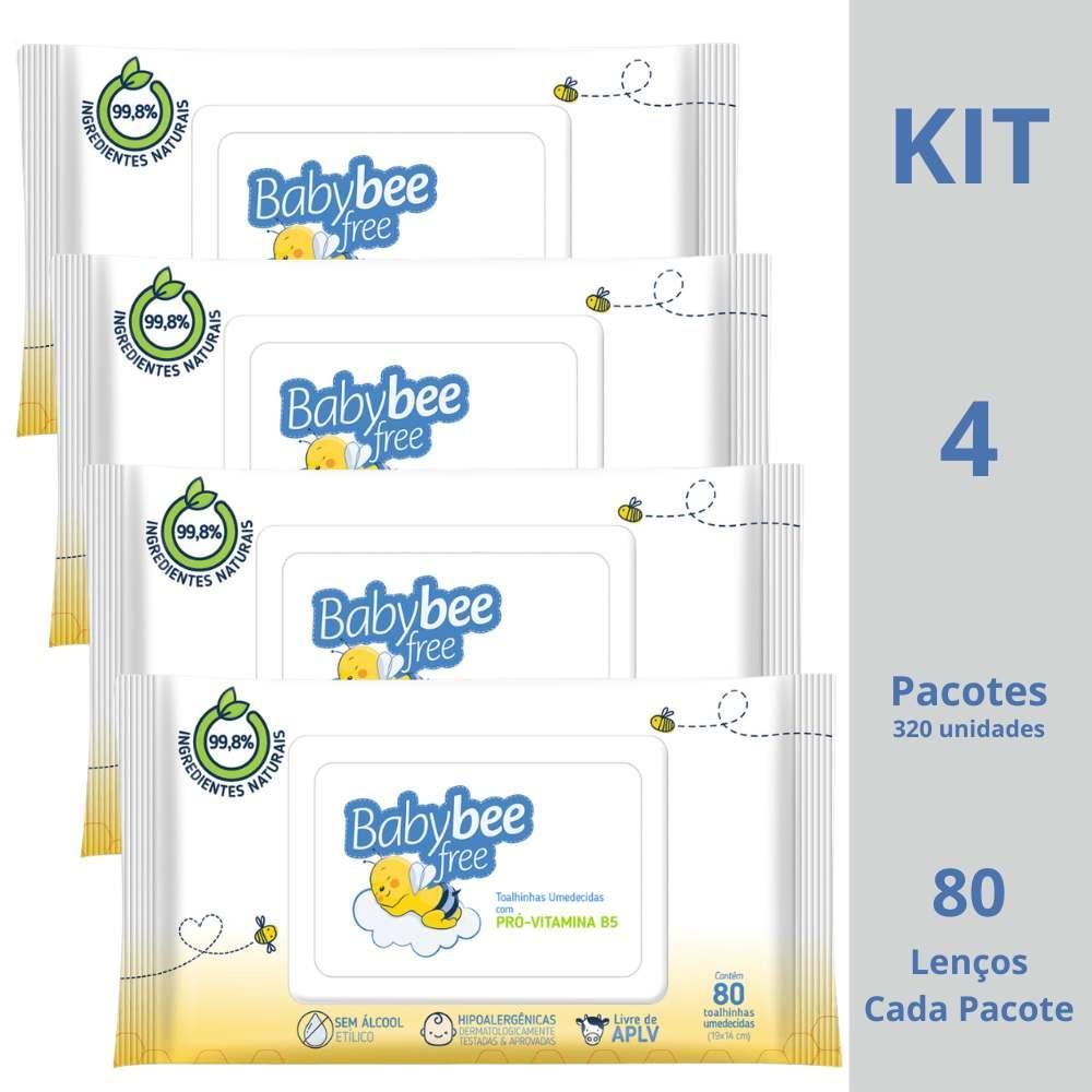 Kit 4 Toalhas Umedecidas Baby Bee Free C/80 Pro Vitamina B5 Limpeza Suave Bebê