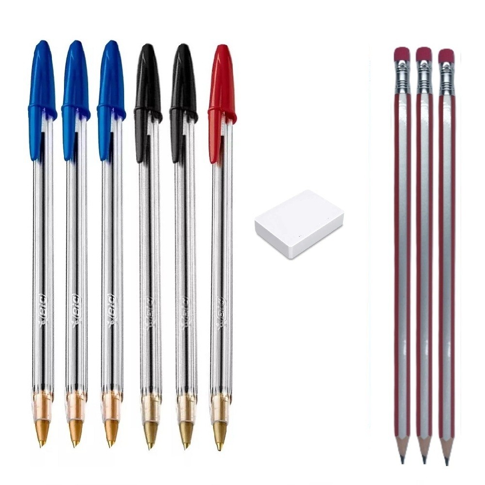 Kit Escolar 3 Lapis Compactor c/borracha 1 Borracha e 6 Canetas Bic