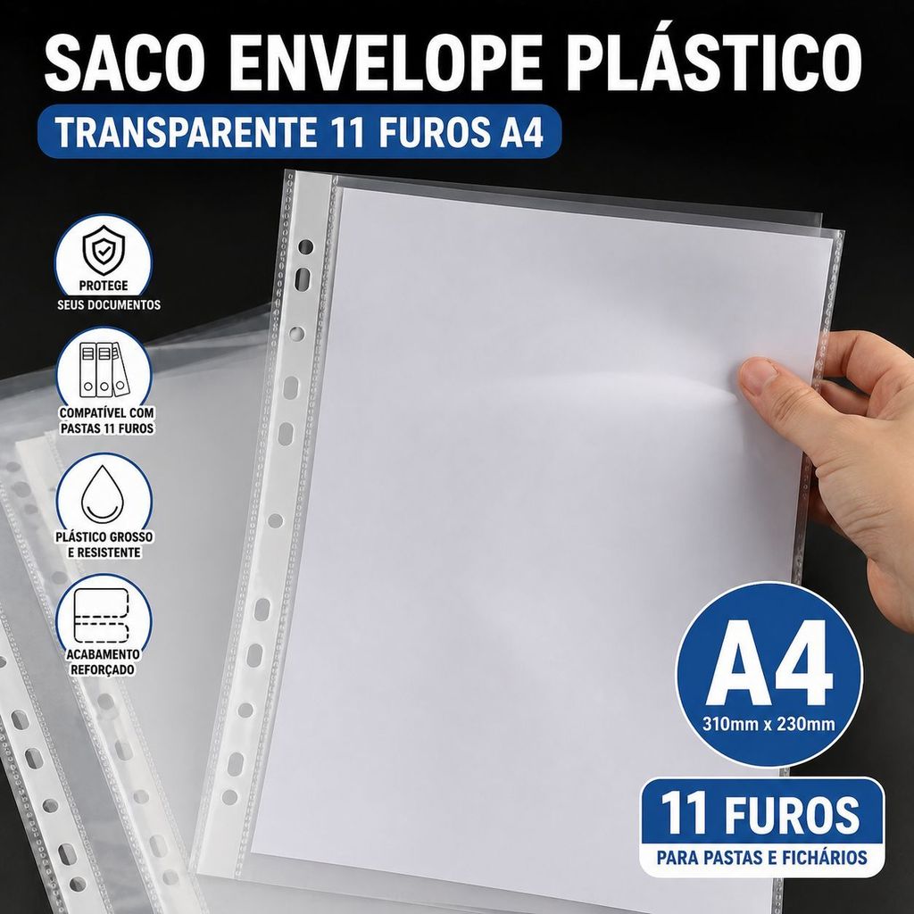 Kit 50 Envelope Plástico A4 11 Furos Transparente Grosso Resistente Documentos