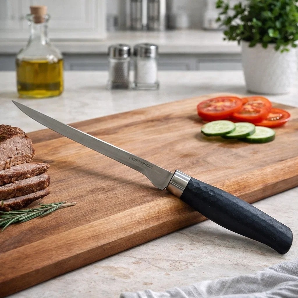 Faca Fatiadora Carne Aço Inox Cabo Preto Afiada Churrasco Cozinha Presente Resistente Achadinhos Shopee