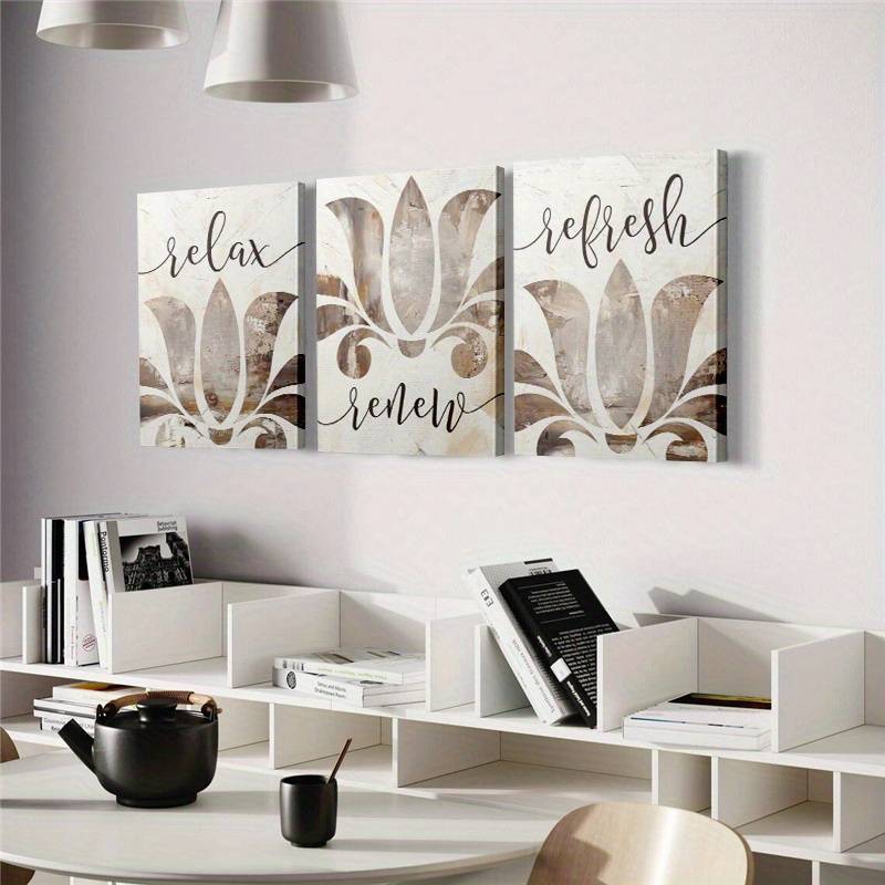 Kit 3 Quadros Frases Relax Refresh Renew Floral Spa Banheiro Lavabo Sala Quarto Decoração Rústico Moderno Lançamento