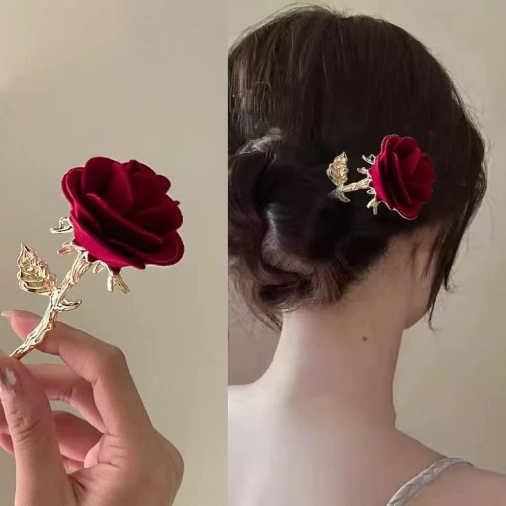 Presilha de cabelo clássica com rosa vermelha, presilha de cabelo vintage estilo cheongsam, presilha de cabelo floral, a