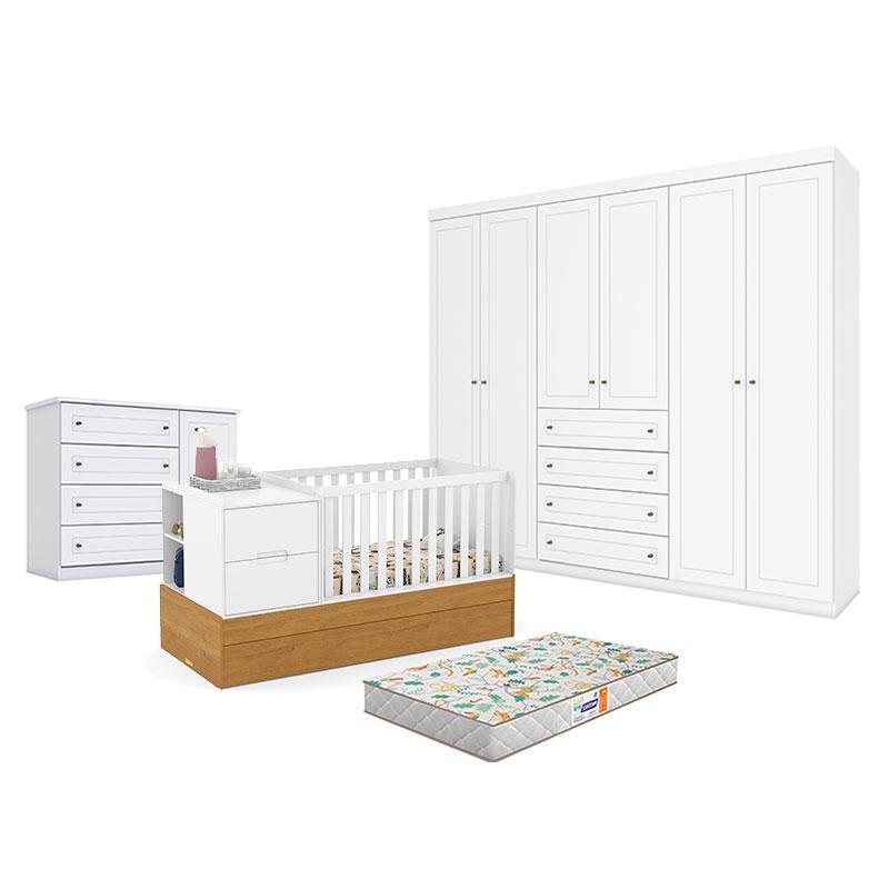 Quarto de Bebê Americano 6 Portas com Berço Americano Multifuncional Formare Branco Freijó - Matic e Colchão Gazin