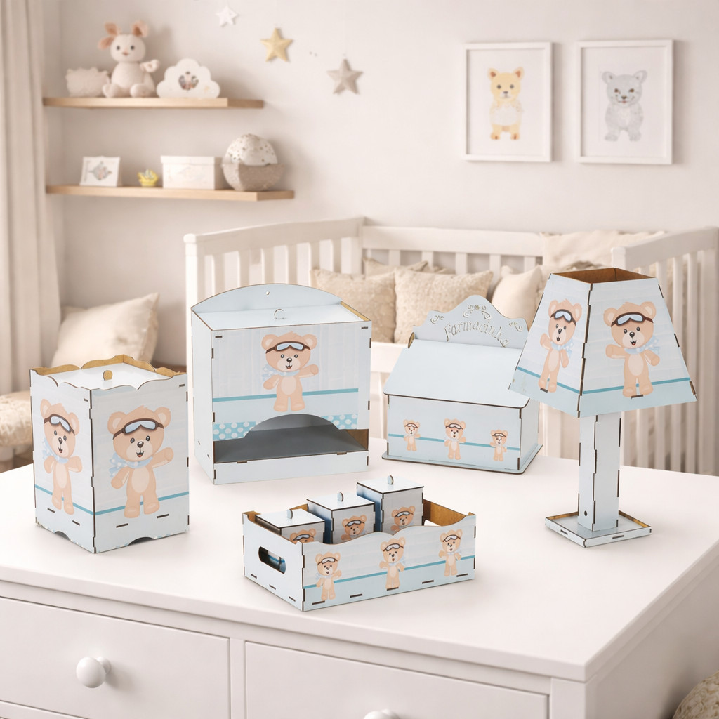 Kit Higiene Bebê Azul 8 Pç Mdf Mult uso adesivado novidade Pronta Entrega promoção
