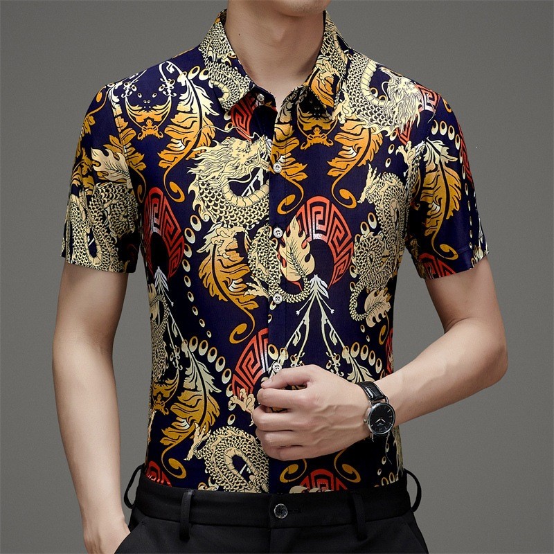 Camisa Floral sem ferro de seda gelo masculina solta pai usar camisa de meia manga verão fina camisa de manga curta