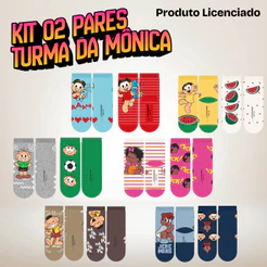 Kit 2 Pares Meia Cano Médio Infantil Turma da Mônica Licenciado Menino Menina 23 a 34