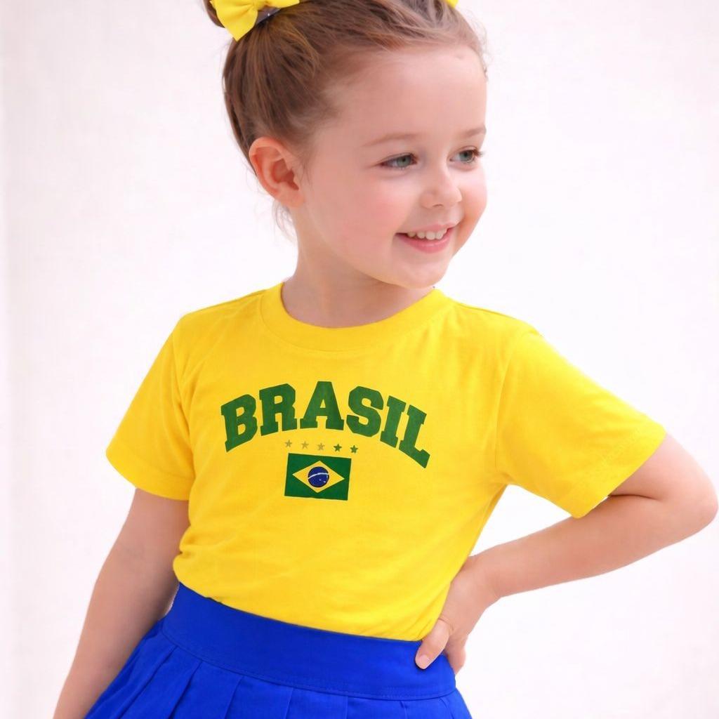 Camiseta Infantil Juvenil do Brasil Algodão Copa do Mundo Estampa do Brasil Bandeira Menina Menino Look Brasileiro Blusa