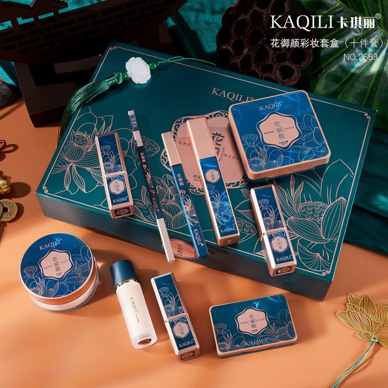 Kaqili kaqili flor real beleza conjunto de maquiagem batom delineador líquido corretivo pó solto rímel caixa presente so