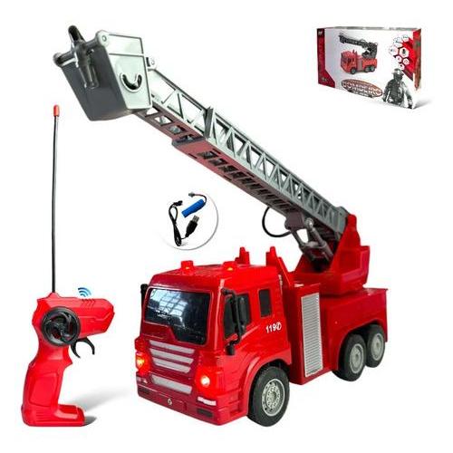 Carrinho Controle Remoto Bombeiro Caminhão Recarregável Luz Cor Vermelho Personagem bombeiro com escada smart toy