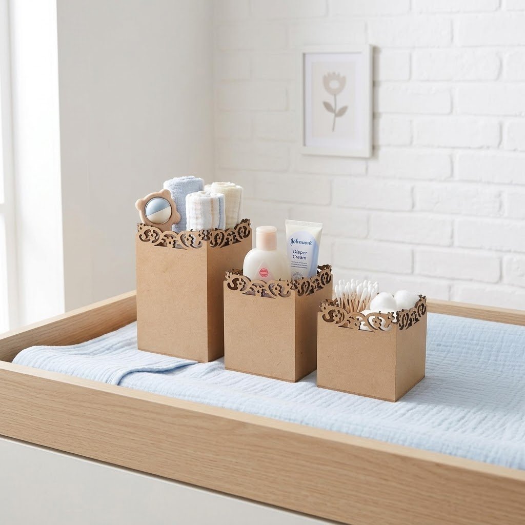 Kit Higiene Bebe MDF Floral Trio Potes Organizador Quartinho Cotonete Algodão Fralda Trocador