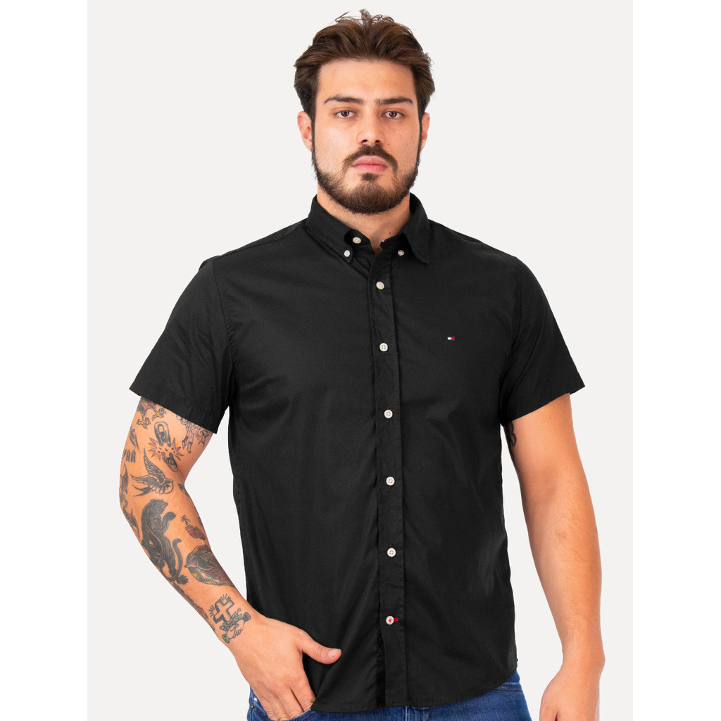 Camisa Tommy Hilfiger Original Masculina Manga Curta Regular Classic Poplin Preta