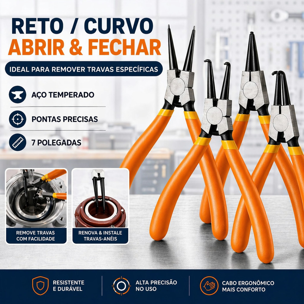 Jogo 4 Alicate Extrator de Aneis Anel Trava Bico Interno Externo Curvo Reto Cabo Emborrachado Profis
