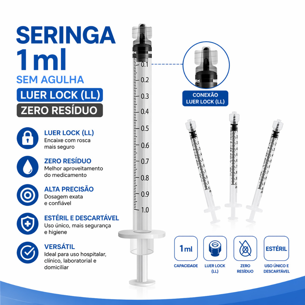 Seringa 1mL Luer Lock Zero Resíduo Sem Agulha Bico Rosca Alta Precisão Estéril