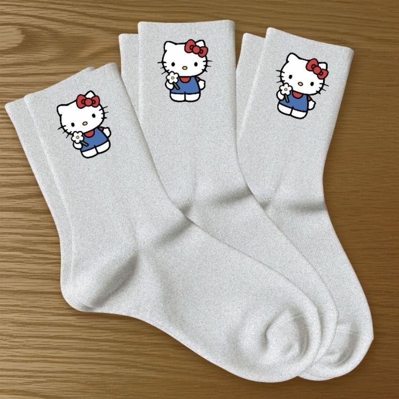 Kit 3 Pares Meias Femininas Hello Kitty Estampadas Algodão Macio Confortável Academia Dia a Dia Casual Premium