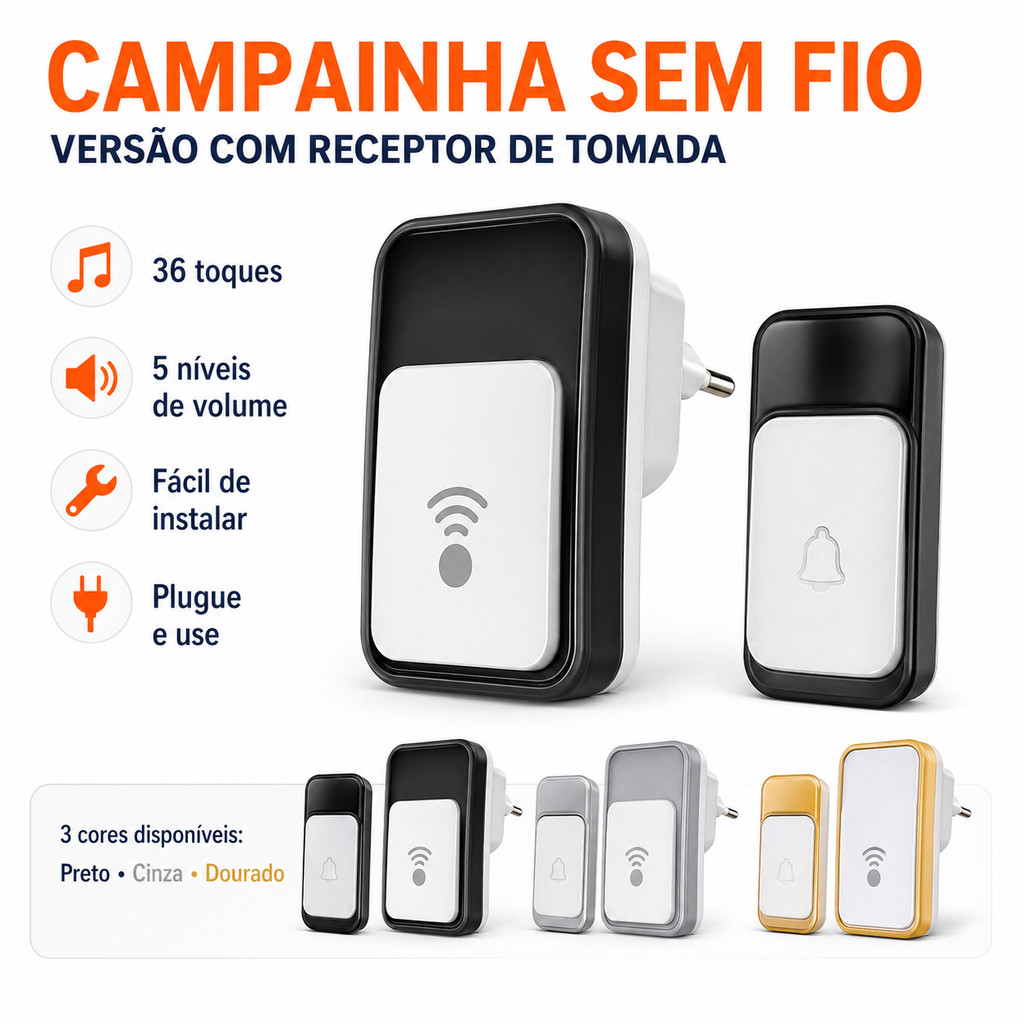 Campainha Sem Fio Com Receptor De Tomada 36 Toques 5 Níveis De Volume Fácil Instalação Para Casa Apartamento Escritório