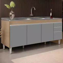 Balcão Gabinete Com Pia 180cm Dallas Castanho/Cinza - Lumil