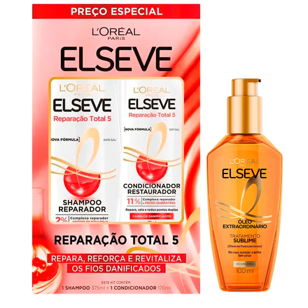 Kit Elseve Kit Shampoo 375ml + Condicionador Reparação Total 5 170ml + Óleo Extraordinário 100ml