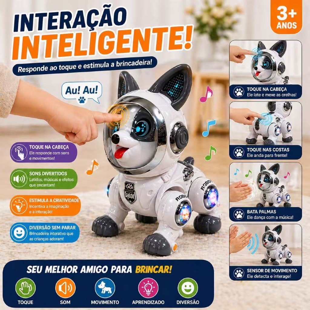 Brinquedo Robô Cachorro Interativo com Luz LED Música Movimento Inteligente Presente Crianças