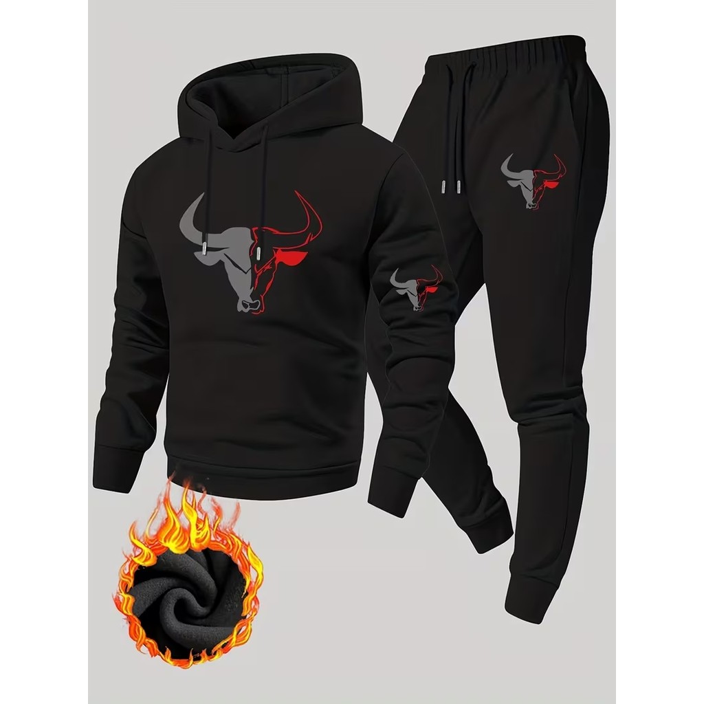 Conjunto Moletom Masculino Touro Blusa De Frio Canguru Bolso e Capuz + Calça Moletom Estampados Unissex Outono/Inverno