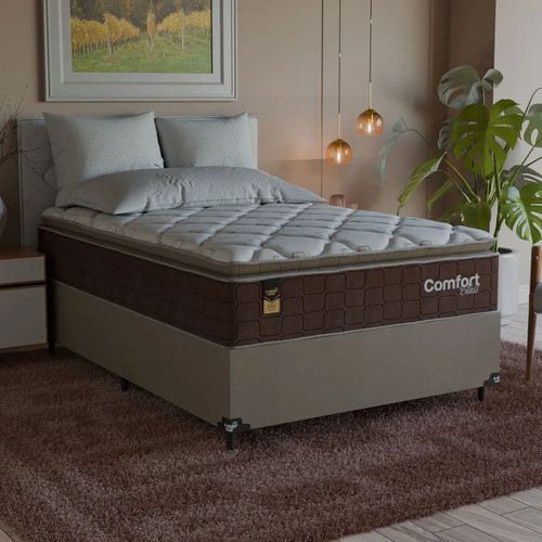 Cama Box Viúva + Colchão Comfort Class Pillow Top 128x188 Marrom/suede Bege