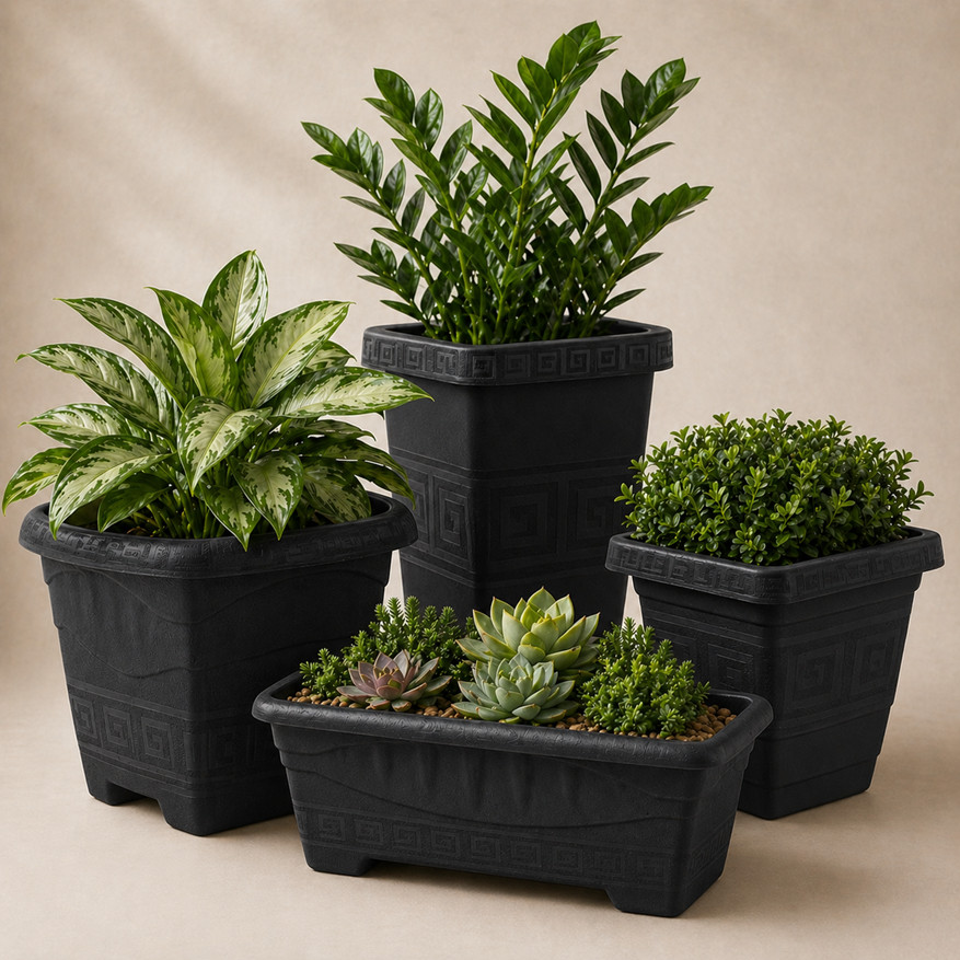 Detalhes do Kit 4 Vasos Polipropileno Coluna Quadrado Texturizados Para Planta Flor Jardim