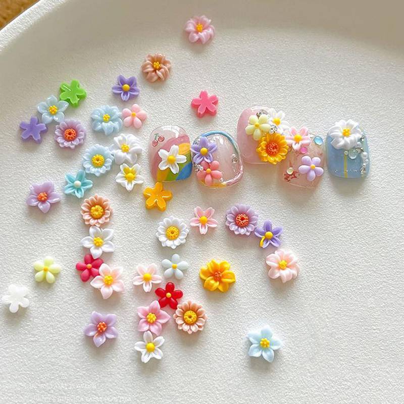 [JCBV] 50 Peças De Flores Coloridas Acessórios Para Unhas Margarida Cinco Pétalas Flor Resina Broca 3D Misturadas Joias 